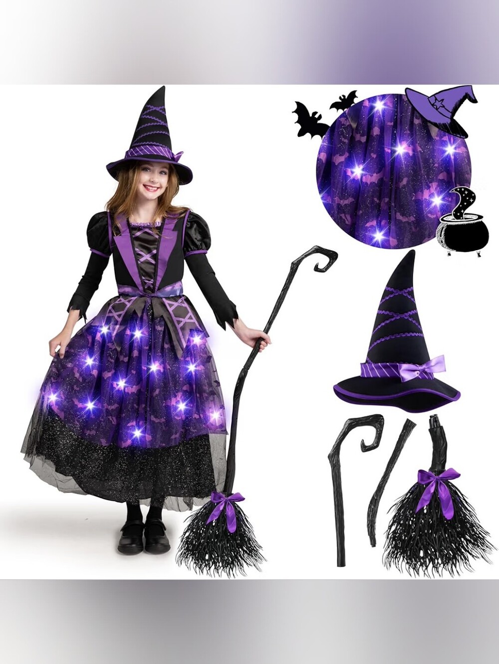 Halloween Purple Witch Costume Kids Light Up Dress. Hat Broom Sparkle Bats, 3T